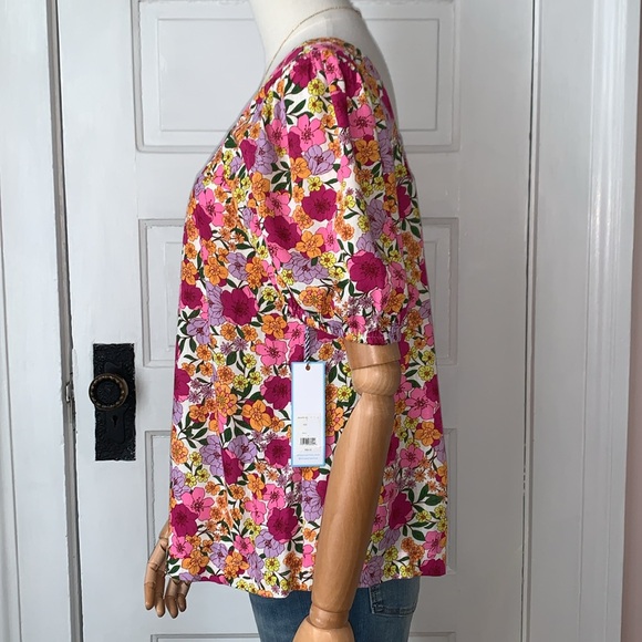 DRAPER JAMES RSVP FLORAL SQUARE NECK BABYDOLL TOP WITH PUFF SLEEVES - Picture 5 of 11